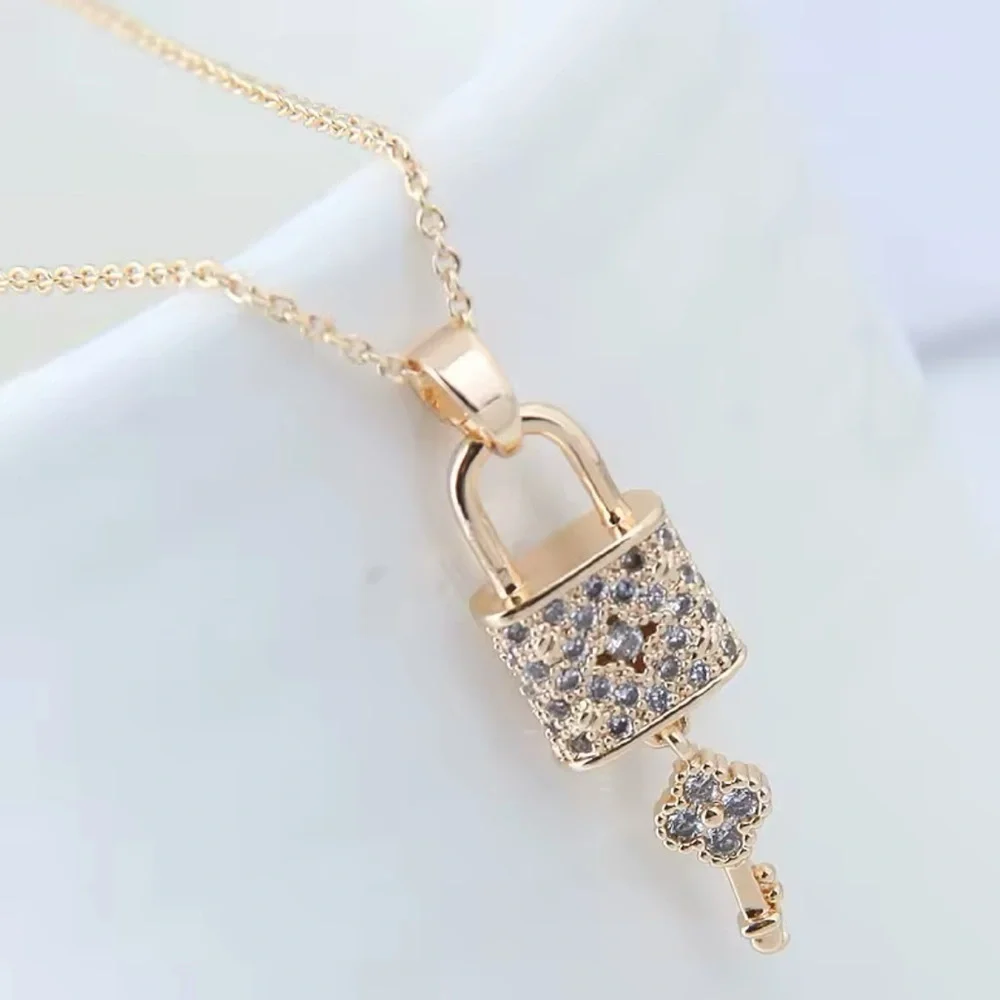 18K Gold Clover & Flower Diamond Lock & Key Luxury Inspired Design Necklace